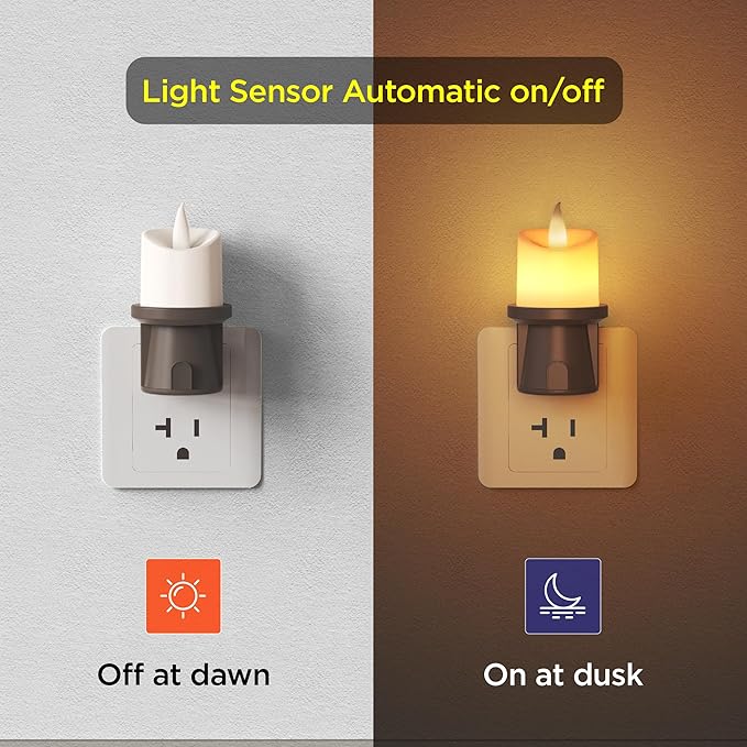 2 Pack Flameless Candle Nightlight Plug Into Wall, Electronic Candle Outlet Plugs w/Dusk Dawn Sensor Auto Switch On/Off for Home, Bathroom, Window Decorative Include Remote Timer Function (Brown)