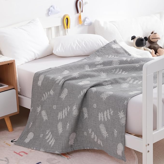 NTBAY 3 Layer Oversized Muslin Cotton Toddler Blanket, 45x60 Inches Jacquard Reversible Nursery Bed Blanket, Super Soft and Thermal Crib Blanket for All Seasons, Baby Gift, 45"x60", Grey Pineapple