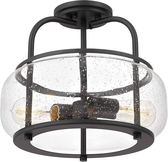 Elisha 2-Light Semi Flush Mount Ceiling Light with Seeded Glass Shade Dark Bronze Finish for Hallway, Entryway, Passway, Dining Room, Bedroom, Garage, Kitchen, Balcony