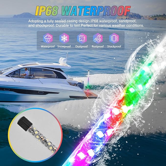 Nilight Boat Navigation Light 5FT Spiral LED Whip Lights 360° Visibility 2NM Coast Guard Compliant 400+ Patterns with Remote Plug-in Base Boats Stern Navlight for Night Fishing, Yacht, Pontoon
