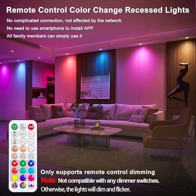 Recessed Lighting 6 Inch RGBCW Color Changing Canless LED Recessed Ceiling Light with Junction Box,16W 1350LM LED Downlight Dimmable by Remote Control, Memory, 3 Modes, Delayed Light Off, 6Pack