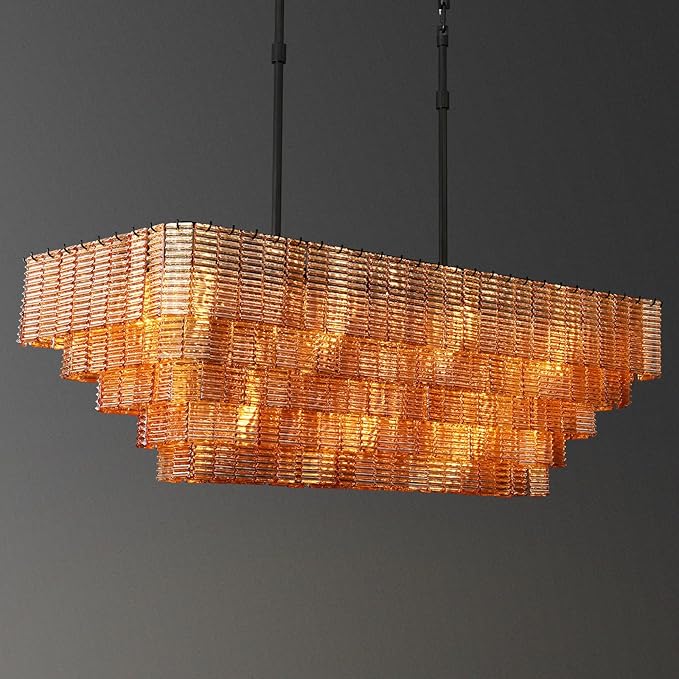 59" Rectangular Chandelier, 11-Light Amber Crystal Glass Chandelier for Dining Room, Luxury Black Pendant Light Hanging Light Fixture for Kitchen Island, Living Room, Foyer