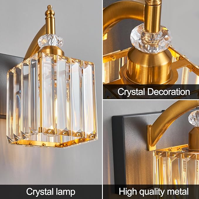 Modern Bathroom Vanity Light 2-Light Black and Gold Crystal Light Fixtures Over Mirror for Bathroom Wall Sconce