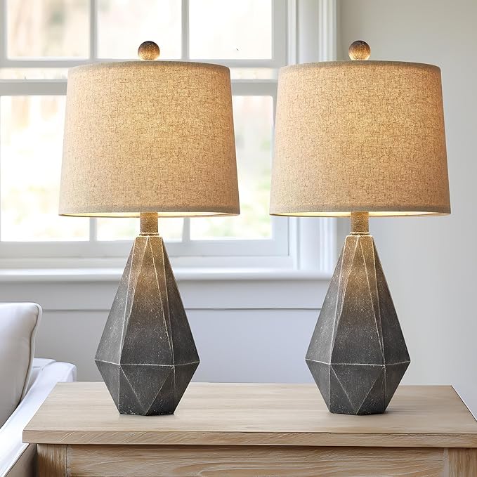 PoKat 20.25" Rustic Farmhouse Table Lamp Sets of 2 for Living Room Bedroom Deep Grey Contemporary Classic Bedside Nightstand Lamp with White Fabric Shade, Suitable for Small Place