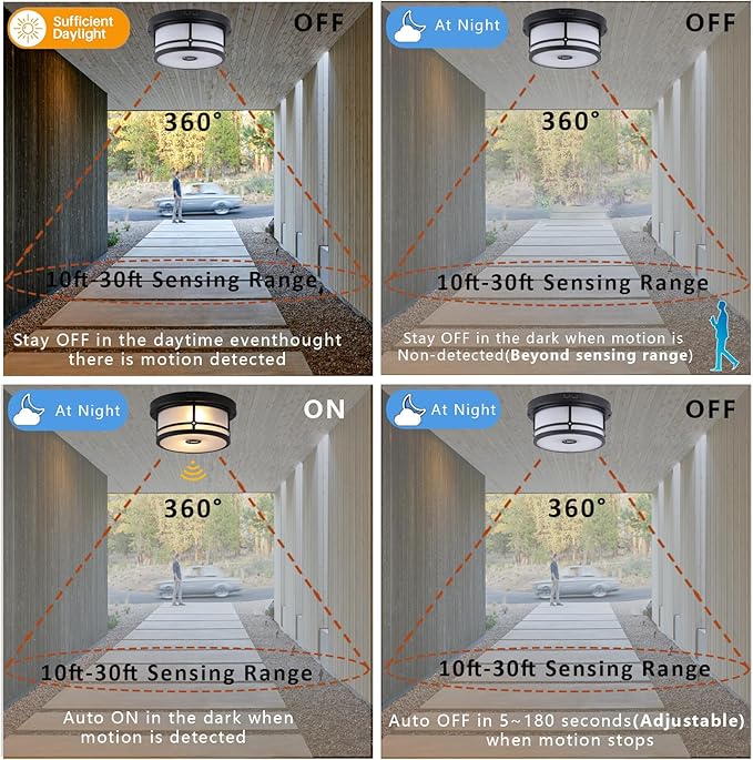 Outdoor Flush Mount Motion Sensor Ceiling Light,2-Light Industrial Porch Lights Ceiling Mount Black Finsh with Clear Frosted Glass for Front Porch, Garage, Patio, Entryway, Farmhouse
