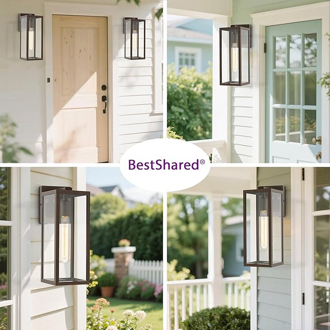 Bestshared Outdoor Wall Lantern, Anti-Rust Outdoor Wall Sconce Light Fixtures, Front Door Mount Light, Exterior Lighting Fixture, Porch Lamp with Clear Glass (Oil Rubbed Bronze, 2 Pack)
