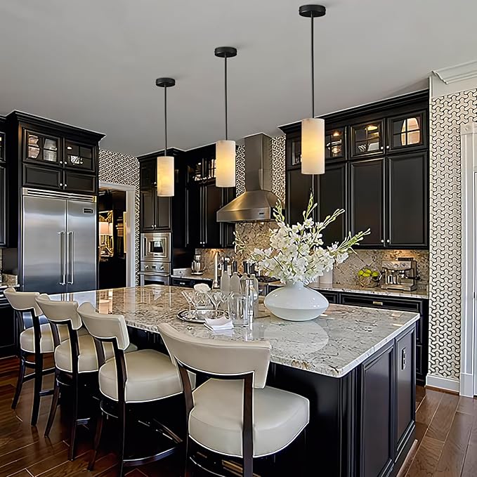 Alabaster Pendant Lights Kitchen Island, Black Hand Carved Alabaster Cylinder Pendent, Spanish Natural Marble Light Pendant for Bedroom Bathroom Dining Room Living Room- 2 PC