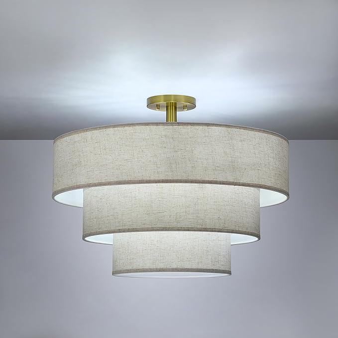 Doraimi Lighting 3 Tier Cream Linen Drum Fabric Semi Flush Mount Light Modern Farmhouse Decor 7 Light 24 Inch Retro Gold Finish for Kitchen Living Room Dining Room Corridor Hallway