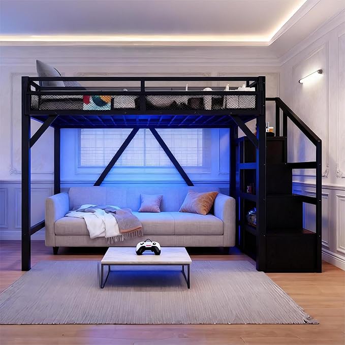 Bellemave Queen Loft Bed Frame with Storage Stairs, Beside Shelf & Wardrobe, Metal Queen Size Loft Bed with USB Ports & LED Light, Large Under-Bed Space Loft Beds for Adults, Teens, Kids, Black
