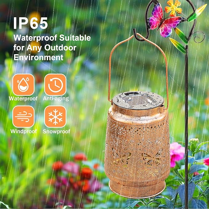 2 Pack Solar Lanterns Outdoor Butterfly Garden Decor, Christmas Gifts for Women Mom Grandma, Waterproof Metal Hanging Solar Lights LED Decoration with Shepherd Hook Outside for Yard Patio Lawn Porch