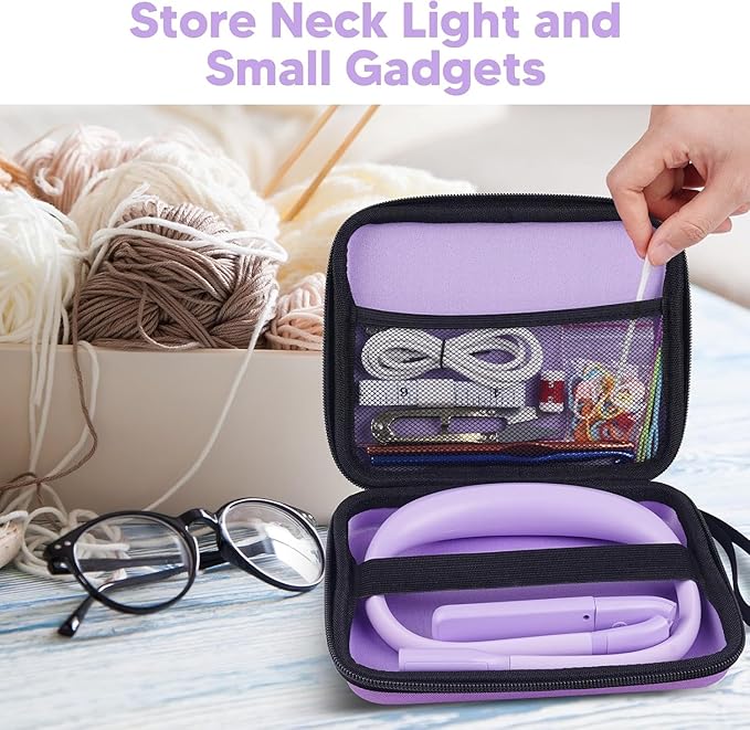 Purple Neck Light with Storage Case, 10-80Hrs Eye-friendly Book Reading Lamp, Knitting Crochet Sewing Craft Light Rechargeable Adjustable, Christmas Birthday Gifts for Book Lovers Knitters Crafters