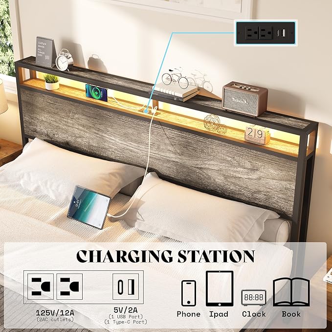 AMERLIFE King Size Floating Bed Frame with 2-Tier Storage Headboard, Metal Bed Frame with Charging Station & LED Lights, No Box Spring Needed, Rustic Grey