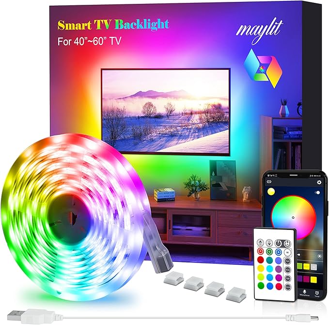 maylit Led Strip Lights, 8.2 ft Tv Led Backlight for 40-60 inch Tv Bluetooth Control Sync to Music, USB Bias Lighting Tv Led Lights Kit with Remote - RGB 5050 LEDs Color Lights for Room Bedroom