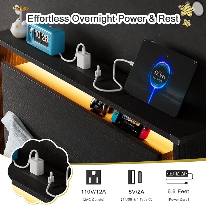 Twin Bed Frames with LED Lights and Charging Station - Wood Floating Bed Frame with Storage Headboard, Adhesive Slats, Kick-Free & Noise-Free Design, Easy Assembly, Black