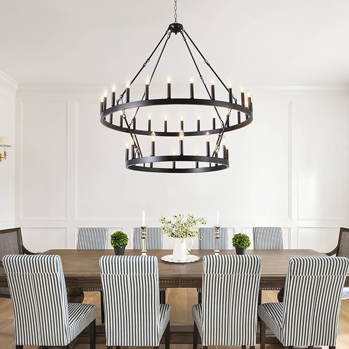 Black Wagon Wheel Chandelier 2 Tier 36-Light, 48-Inch Large Farmhouse Industrial Chandelier Round Rustic Pendant Light Fixture for High Ceilings Foyer, Entryway, Dining Room, E12