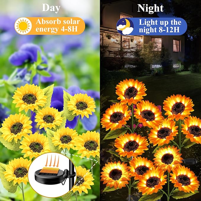 Garden Lights Solar Powered, 3 Pack Solar Outdoor Lights with 9 Bigger Sunflower Waterproof Realistic Solar Flowers Lights for Patio Pathway Walkway Landscape Yard Decorations