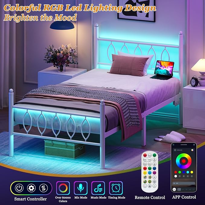 Twin Size Bed Frame with Headboard,White Metal Platform Bed Frame Twin Size with Charging Station & LED Lights,12-Inch Under Bed Storage,No Box Spring Needed,Noise Free,Easy to Assemble