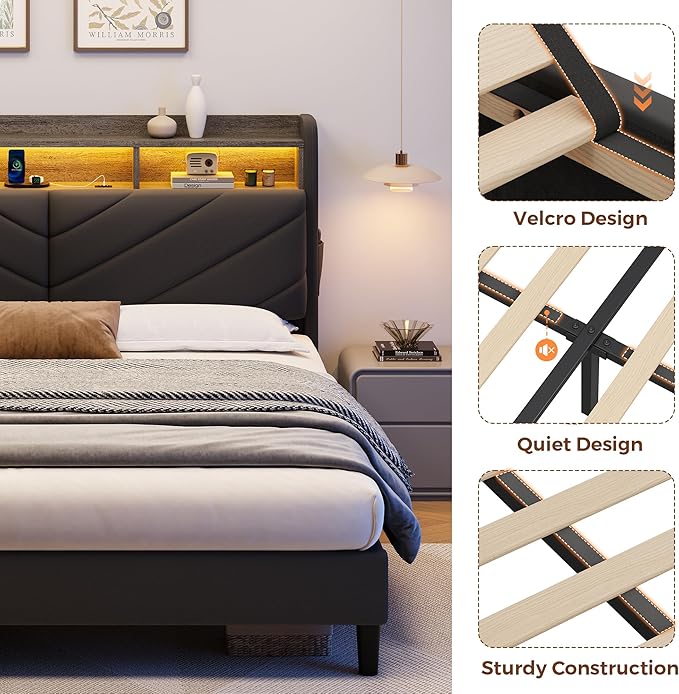 Queen Size Velvet Bed Frame with Ergonomic Headboard, Upholstered Platform Bed with LED Light & Charging Station, Wooden Slats Support, Noise-Free, No Box Spring Needed (Grey)