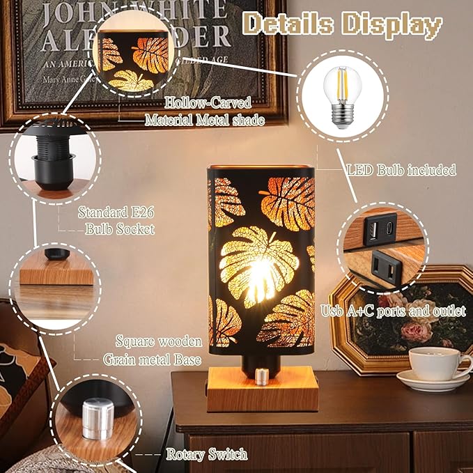 Industrial Table Lamp with USB Ports and Outlet, Rustic Dimmable Bedside lamp with Charging Station, Metal Square Shadow Nightstand Lamp, Night Light for Kids Bedroom Living Room End Tables