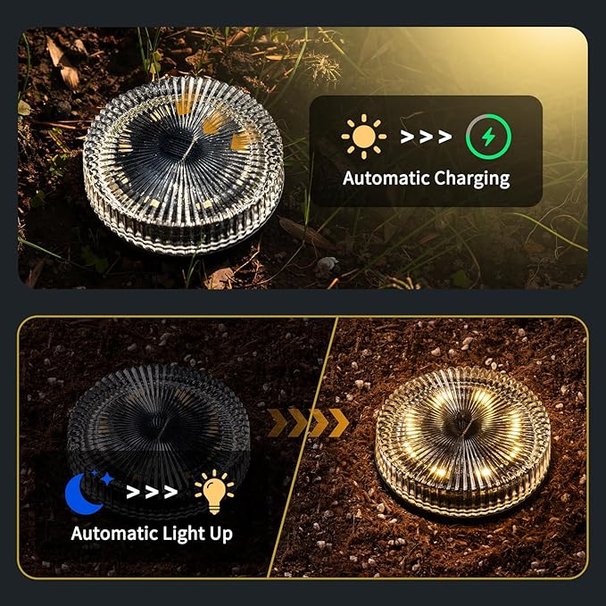 Glass Solar Ground Lights with Ray Style, Modular-Design Waterproof In-Ground Light for Patio Pathway Lawn Yard Deck Walkway, Decorative Disk Lighting for Garden Bed, Warm White (4 Pack)
