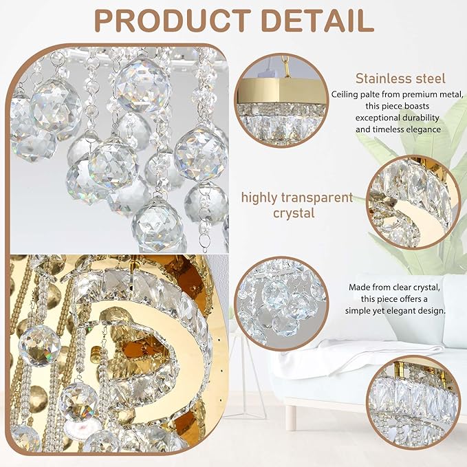 W32in Crystal Ceiling Chandelier Modern Gold Chandeliers Raindrop Crystal Ceiling Lighting Fixture Flush Mount Chandelier for Living Room Hallway Dining Room Kitchen Bedroom