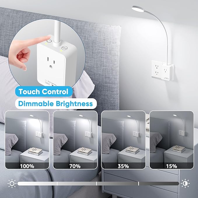 Plug in LED Bedroom Kitchen Wall Lamp, White Flexible LED Dimmable Reading Light with Power Plug Outlet Extender for Reading Books in Bed, 3 Lighting Colors, USB Output Charging Ports