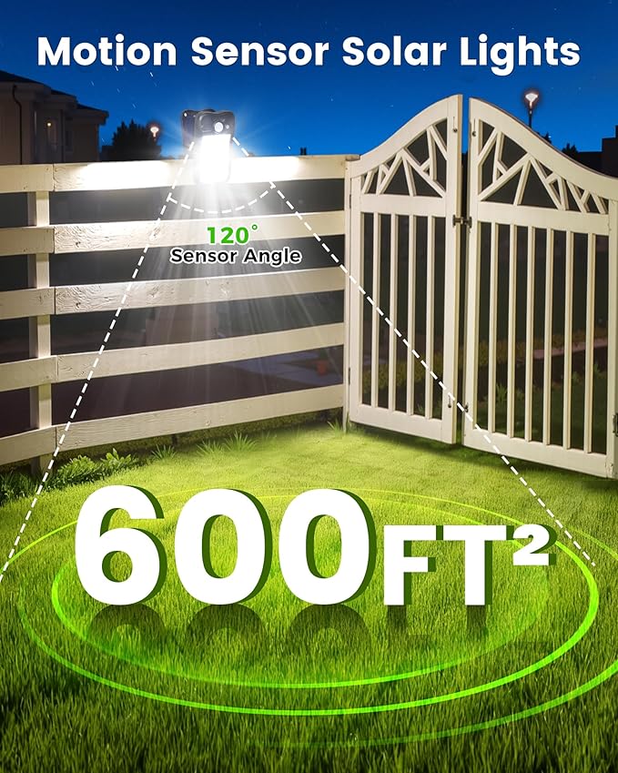 Clip on Solar Lights for Fence, 3 Modes Solar Motion Lights Outdoor Waterproof, 60LEDs 500LM Portable Security Light for Fence, Deck, Garage, Camping, USB Charging, 2 Black