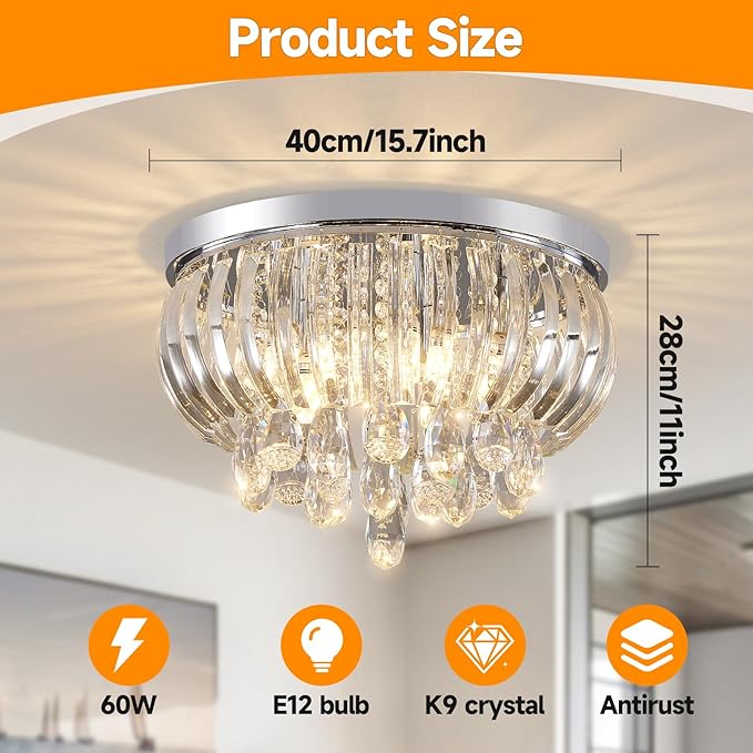 Modern Crystal Chandelier 15.7 Inch,5-Lights Chrome Crystal Flush Mount LED K9 Chandeliers Light Fixture for Bedroom Dining Living Room Hallway E12