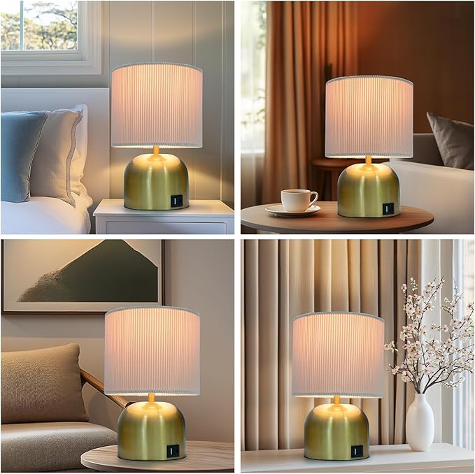 Table Lamp for Bedroom, Bedside Lamps for Nightstand, Minimalist Night Stand Light Lamp with Type-C and USB Ports, Modern Desk Table Lamp for Bedroom, Living Room, Dining Room, Office (Gold)