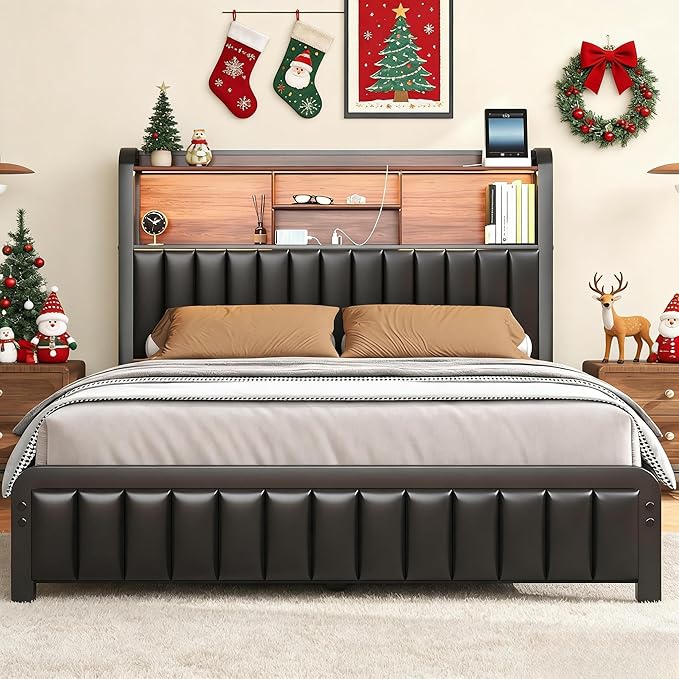 Queen Bed Frame 54.3" Tall with 3-Tier Storage Headboard and Charging Station, Metal Platform Bed Frame with LED Lights and PU Leather, Noise-Free, Metal Support, No Box Spring Needed, Black