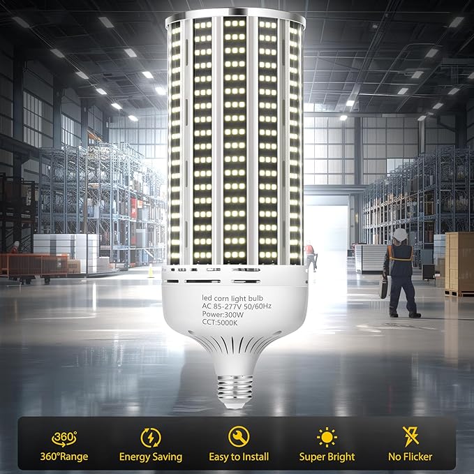 300W 2 Pack LED Corn Light Bulb,3000W Equivalent Commercial Grade 43500LM Daylight 5000K E26/E39 Medium Mogul Base LED Lamp,Large Area Lights for Outdoor Indoor Garage Warehouse Gym Bay Light