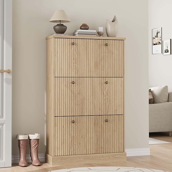 GarveeHome Shoe Cabinet with 3 Flip Drawers, Hidden Wooden Fluted Shoe Cabinet with Adjustable Shelf, Freestanding Shoe Storage Cabinet for Entryway Hallway, Living Room, Natural Oak