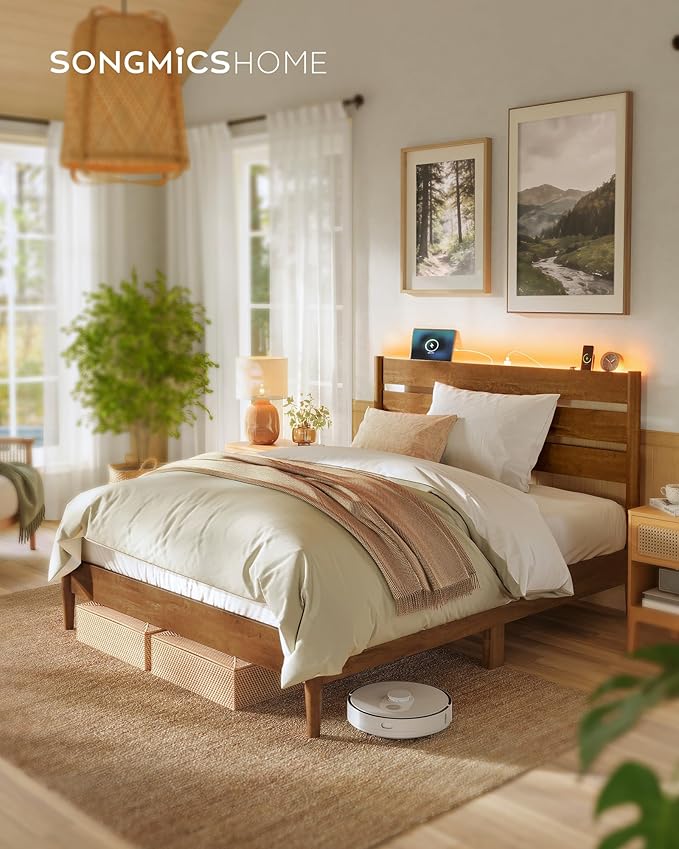 SONGMICS Home Full Bed Frame with Headboard, LED Lights & Charging Station, Solid Wood Legs and Slats, Mid-Century Modern Platform Bed, No Box Spring Needed, Caramel Brown URMB412K01V1