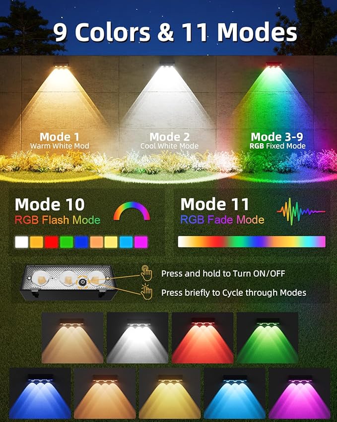 Solar Fence Lights Outdoor, 4 Pack, 9 Fixed Colors ＆ Color Changing Fence Lights Solar Powered Waterproof IP65 Dusk-to-Dawn LED Deck Lighting for Patio, Railing, Pool, Porch, Backyard, Wall