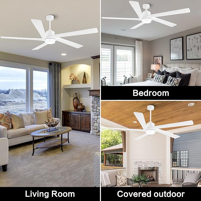 WINGBO 72 Inch DC Ceiling Fan with Lights and 3 Downrods, 5 Reversible Carved Wood Blades, 6-Speed Noiseless DC Motor, Modern Ceiling Fan in White Finish, ETL Listed