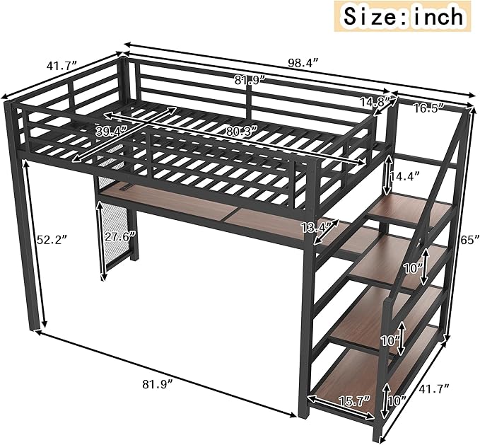 Bellemave Twin XL Loft Bed with Desk & Storage Stairs, Metal Twin XL Loft Bed Frame with Iron Nets, LED Lights & USB Ports, Heavy Duty Adult Loft Beds for Kids, Teens, Adults, Noise-Free, Black