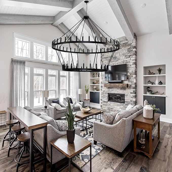 2 Tier Large Black Wagon Wheel Chandelier Farmhouse Industrial Chandelier Rustic Pendant Light Fixture Extra Large Wheel Chandeliers for high Ceilings (Black, 70 Inch 40-Lights)