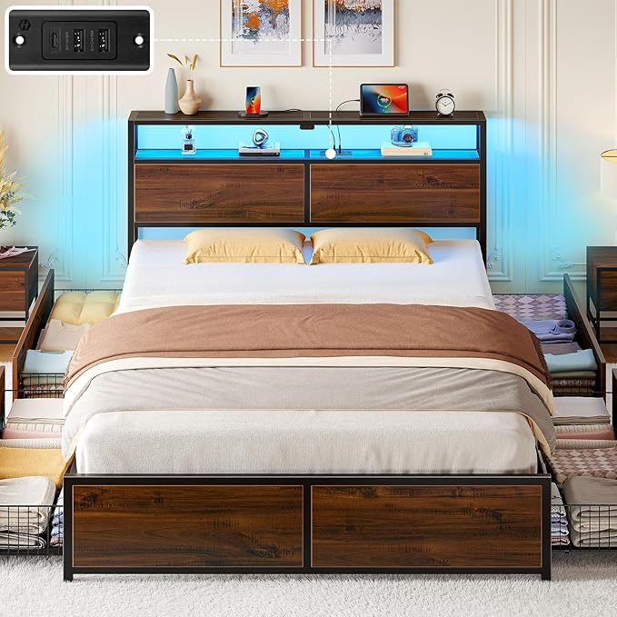 Rolanstar Full Size Bed Frame with 4 Storage Drawers, Charging Station and LED Lights, Metal Platform Bed with 2-Tier Storage Headboard, No Box Spring Needed, Easy Assembly, Noise-Free, Walnut
