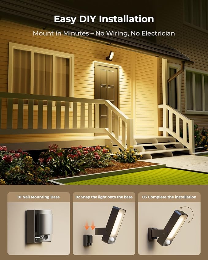 2 Pack Motion Sensor Outdoor Lights, 10000mAh Rechargeable 600 Lumen Battery Operated Outdoor Wall Lights with 3 Modes, 3 Colors, IP65 Waterproof Outdoor Security Lights for Fences, Garage, Patio