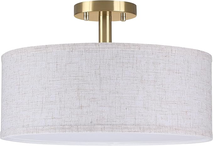 LED 24W Adjustable 3000/4000/5000K 18 Inch Drum Lenin Fabric Gold Semi Flush Mount Close to Ceiling Light Fixture for Bedroom,Living Room,Dining Room Hallway