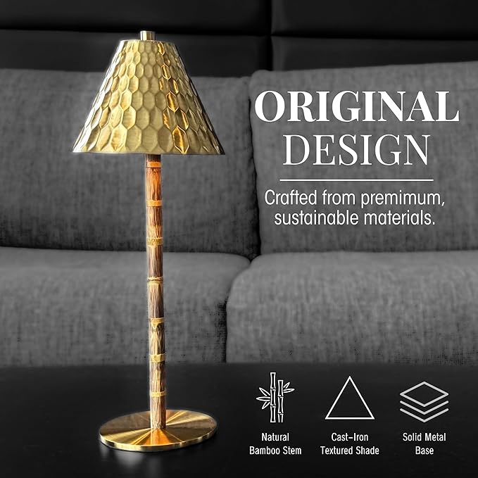 Bamboo Cordless LED Table Lamp – Rechargeable 24-Hour Battery, Dimmable Warm Light, 15" Portable Wireless Lamp with Remote for Indoor/Outdoor Use, Home, Patio, Restaurant – Textured Gold
