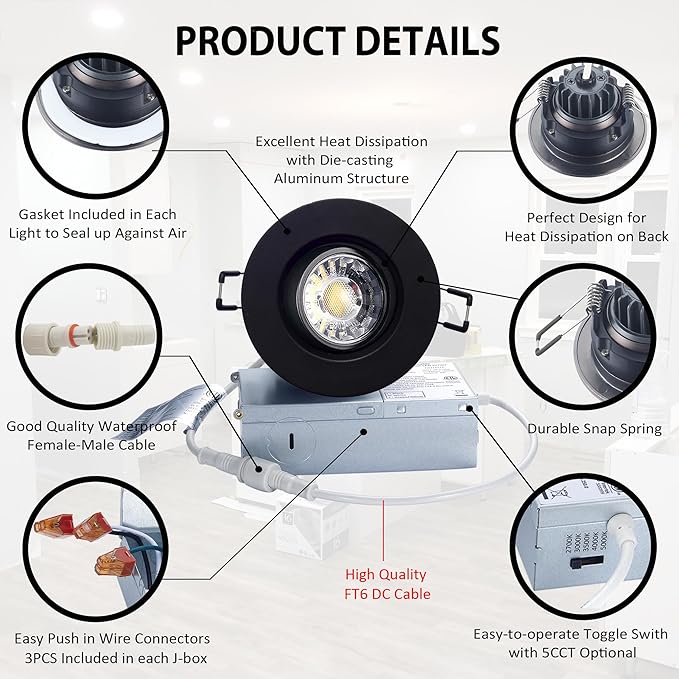 Canless Recessed Gimbal Downlight Rotatable-Spotlight 5 CCT 3 Inch Eyeball Ceilling Potlight, Dimmable Recessed Lights Fixture with Junction Box, 8W CCT Adjustable, Black Round Trim, 6 Pack