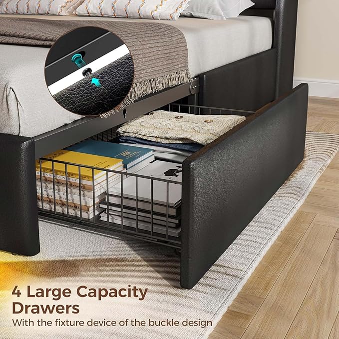 Rolanstar Twin Size Bed Frame with LED Lights and Charging Station, PU Leather Bed Storage Headboard & Drawers, Heavy Duty Wood Slats, Easy Assembly, Black
