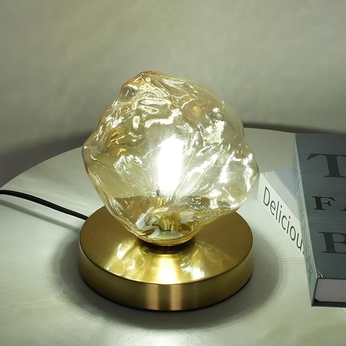 Meefad Modern Glass Table Lamp Ice Cubes Shaped Bedside Nightstand Lamp Small Decorative Night Light for Bedroom Living Room Amber Finish
