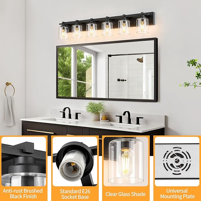 6 Light Modern Bathroom Light Fixtures Over Mirror, Black Vanity Lights for Bathroom Wall Sconces with Clear Glass Shades, E26 Socket (Bulbs Not Included)