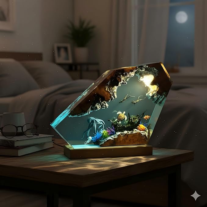 Handmade Ocean Resin Night Light 7-Color LED Lamp with Remote, Epoxy Resin Wood Lamp for Bedroom Decor & Desk, Romantic Valentine’s Day Gift for Her, Men's Office Decor (Octopus, Small)