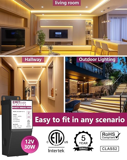 EMITEVER 30W Magnetic Dimmable LED Drvier, 12V Transformer Magnetic Power Supply 120VAC to 12VDC, Compatible with Lutron and Leviton Dimmer, for LED Strip Light,Kitchen,Cabinet,ETL Listed,Class2