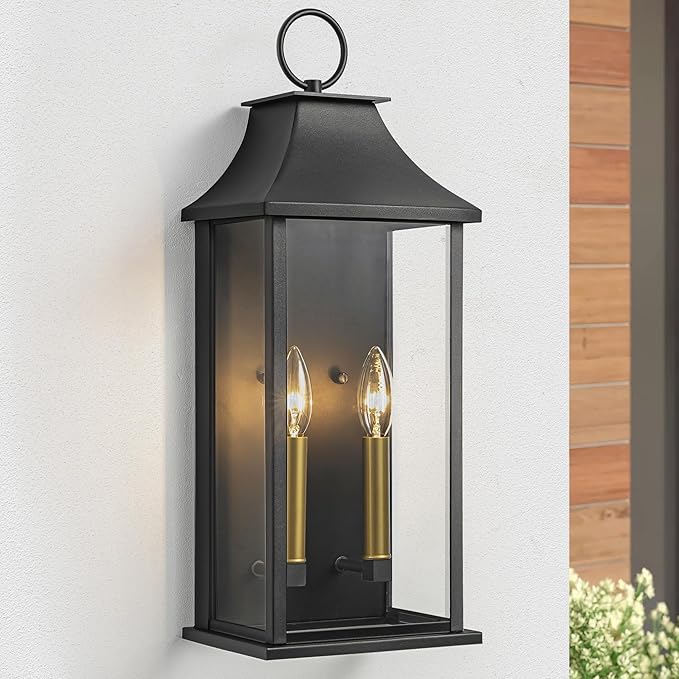Dusk to Dawn Outdoor Wall Lantern 2-Light, 20.6" Large Outside Wall Sconce, Modern Black Wall Light Fixture with Glass, Waterproof Exterior Lamp for House, Porch, Garage
