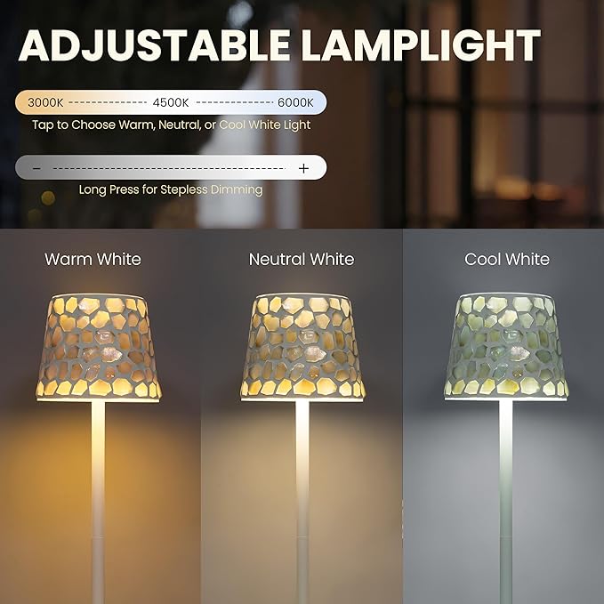 AELS Mosaic Touch Cordless Lamp, 5200mAh Rechargeable Portable LED Desk Lamp, 3 Color Stepless Dimming Battery Powered Lamp, Wireless Table Light for Dinner Patio Garden Cafe Bedroom, White