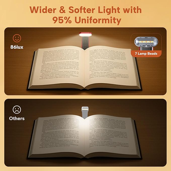 86lux Book Light, Reading Light for Book in Bed, USB Rechargeable LED Night Light with 3 Colors & Limitless Dimming,Bookmark Light for Book Lovers,Red